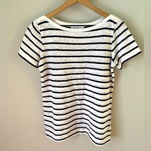 Liz Claiborne Floral Black & White Striped Short Sleeve Top Women’s Size Medium